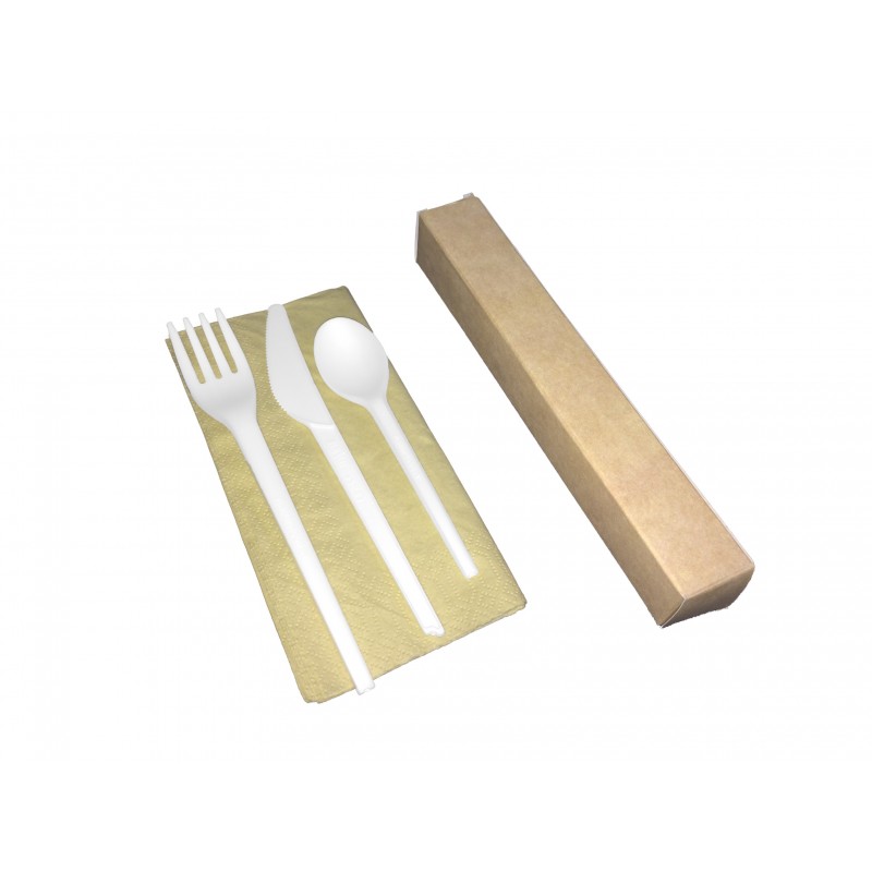 Kit couverts 4 en 1 en CPLA avec son étui en carton kraft de transport Kit couverts 4 en 1 en CPLA avec son étui en carton kraft de transport
