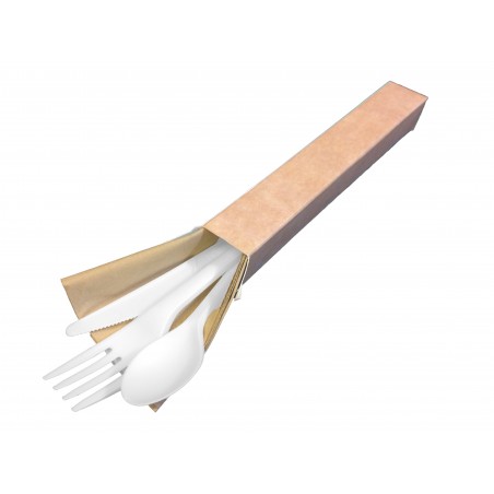 Kit couverts 4 en 1 en CPLA Blanc pouvant être rangé dans un étui de rangement réutilisable en carton Kraft.
