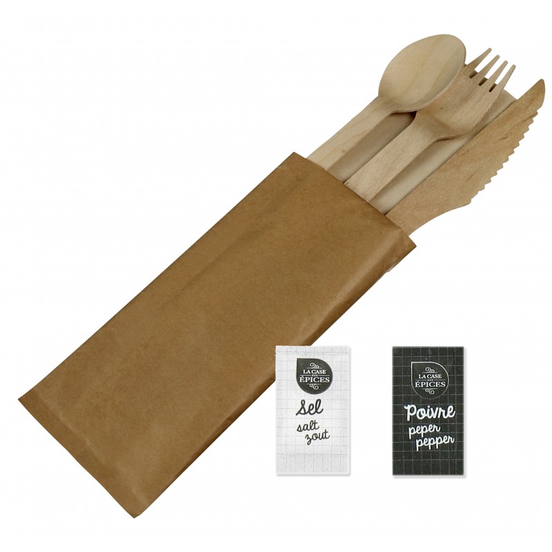 Kit couverts en bois 6 en 1 avec sachet de sel et de poivre. Kit couverts en bois 6 en 1 avec sachet de sel et de poivre.