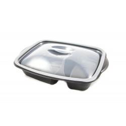 Barquette Marmipack Noire PP 2 Compartiments  1000ml + Couvercle Translucide